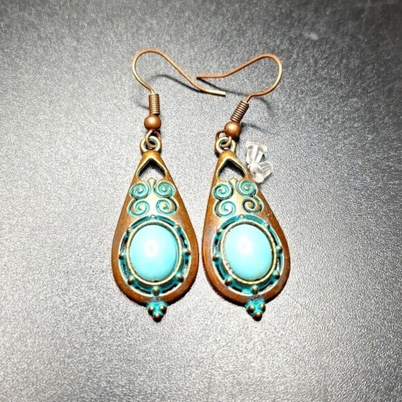 Boho Bronze drop Earrings with Turquoise Accents - Picture 2 of 3